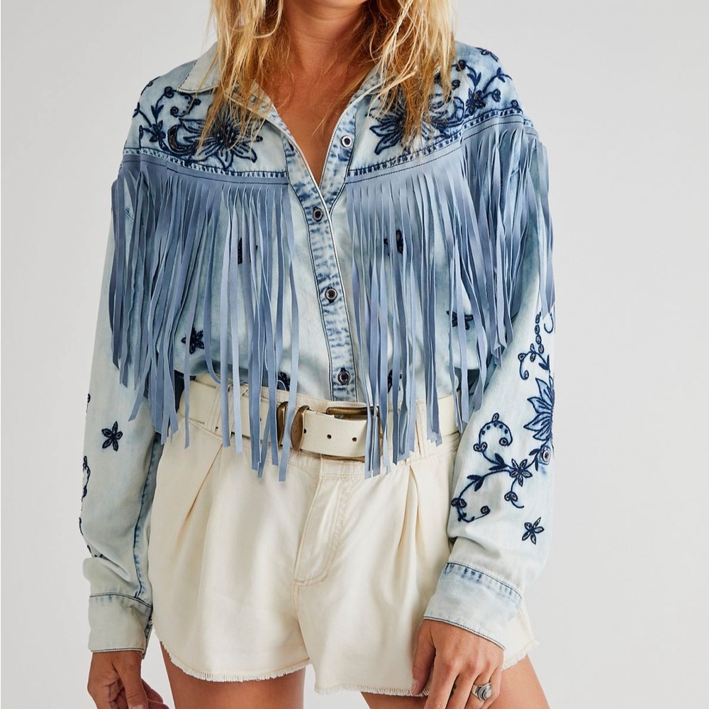 Free People Fringe Denim Shirt